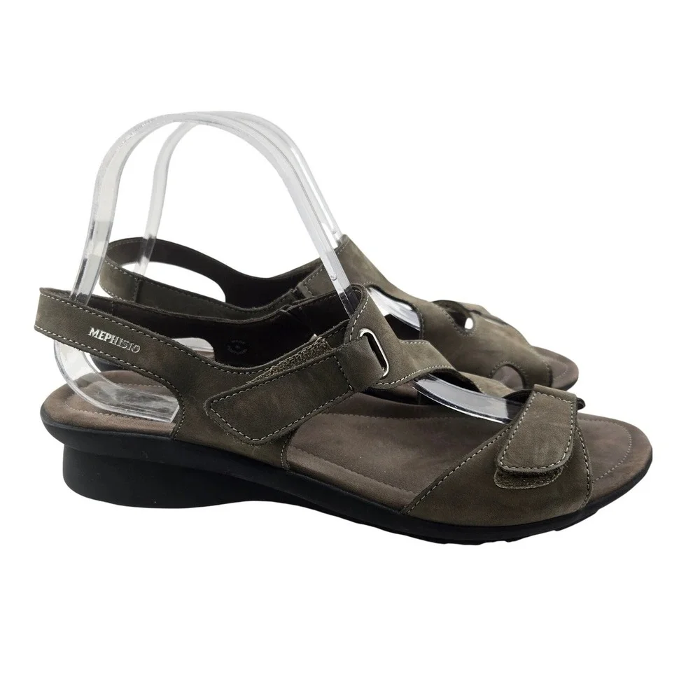 Mephisto Paris Pewter Bucksoft Leather Low Wedge Sandals Womens 42 US 12 France